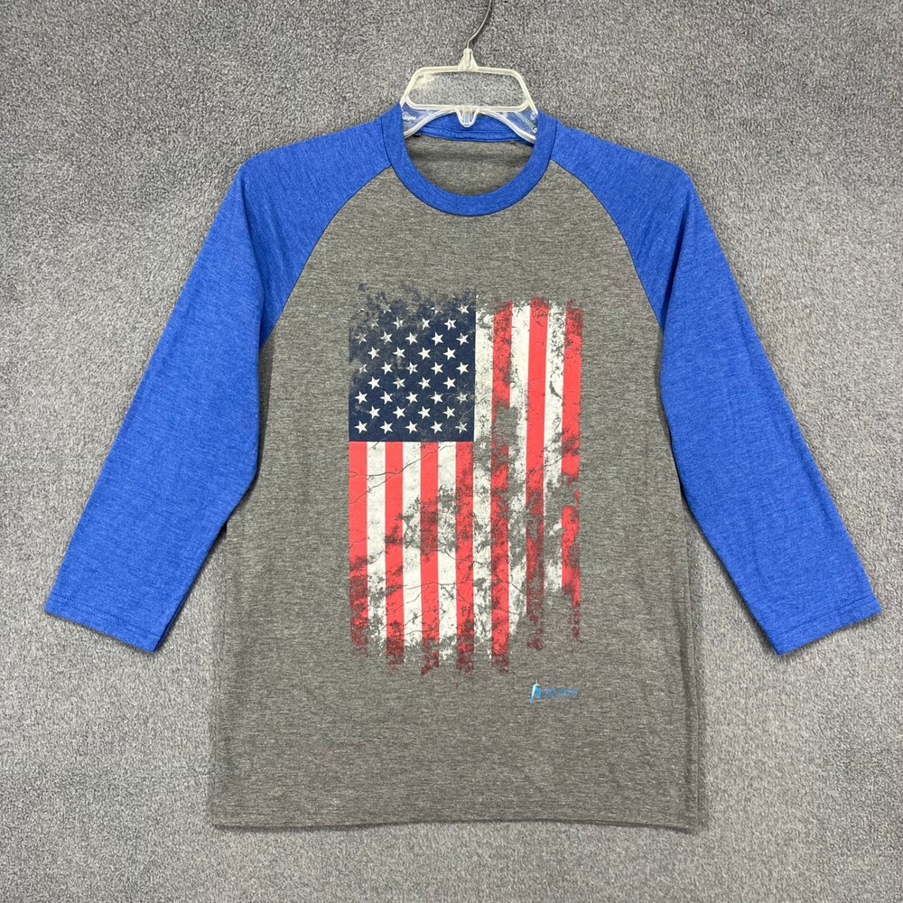 One World‎ Raglan T Shirt American Flag Graphic Blue Gray Baseball Tee Adult S